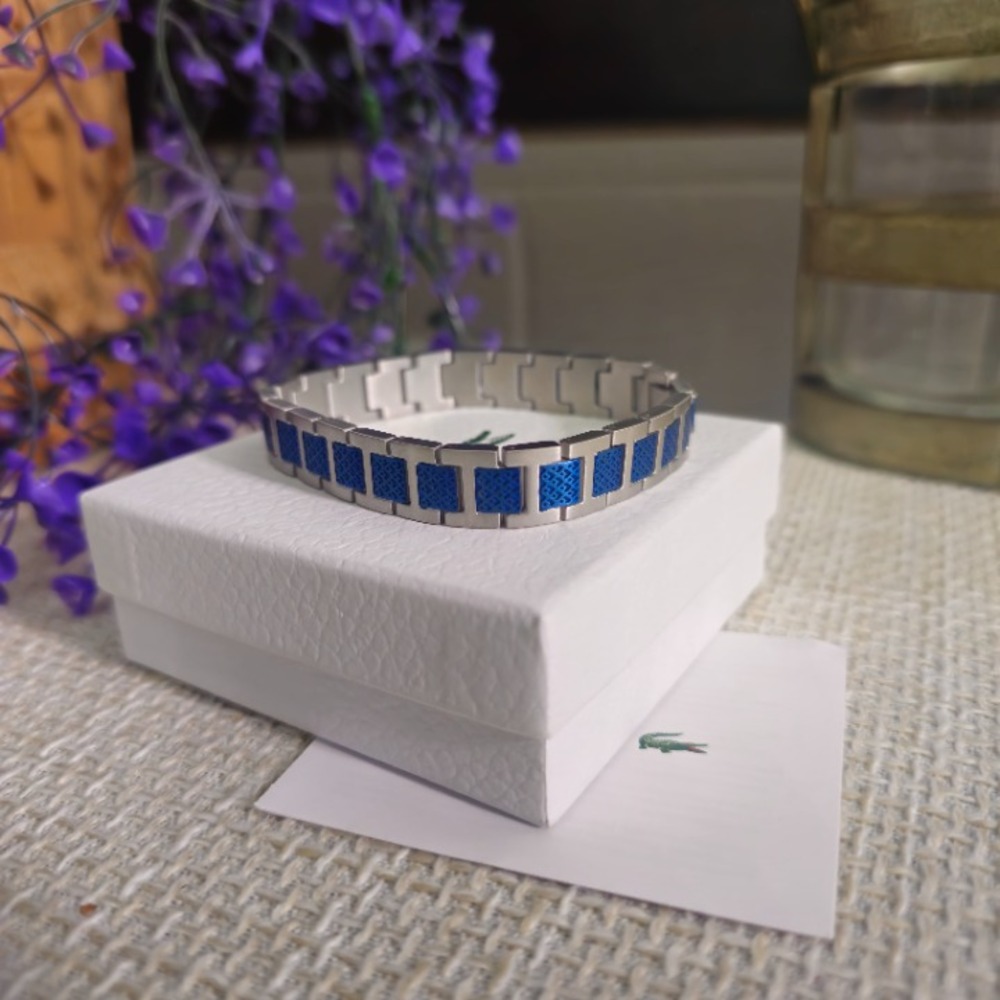 Lacoste Two Tone Blue Silver Woven Link Bracelet Stainless Steel 9in Unisex - Picture 2 of 5